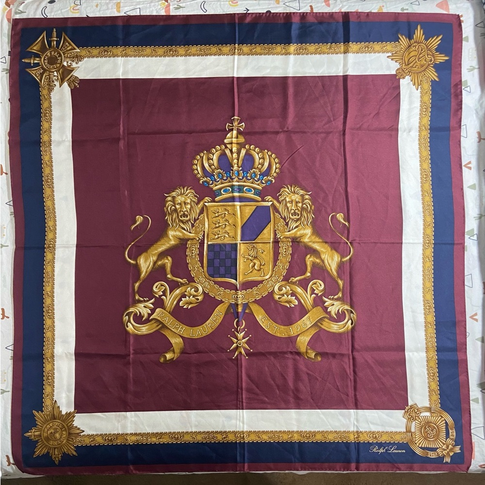 Rare Vintage Polo Ralph Lauren Burgundy and Gold Lion Crest Silk Scarf